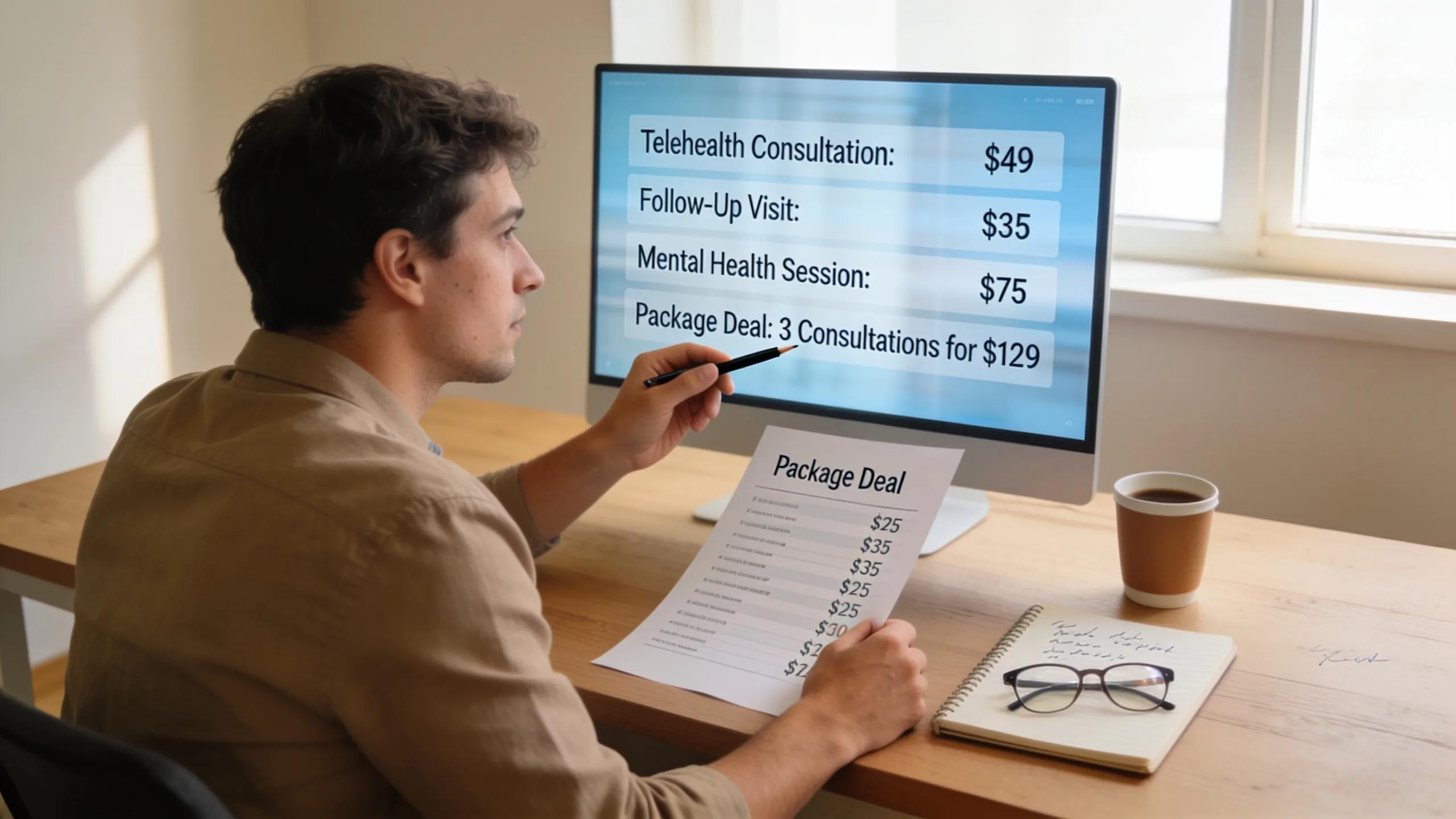 Person comparing telehealth pricing options on a computer screen