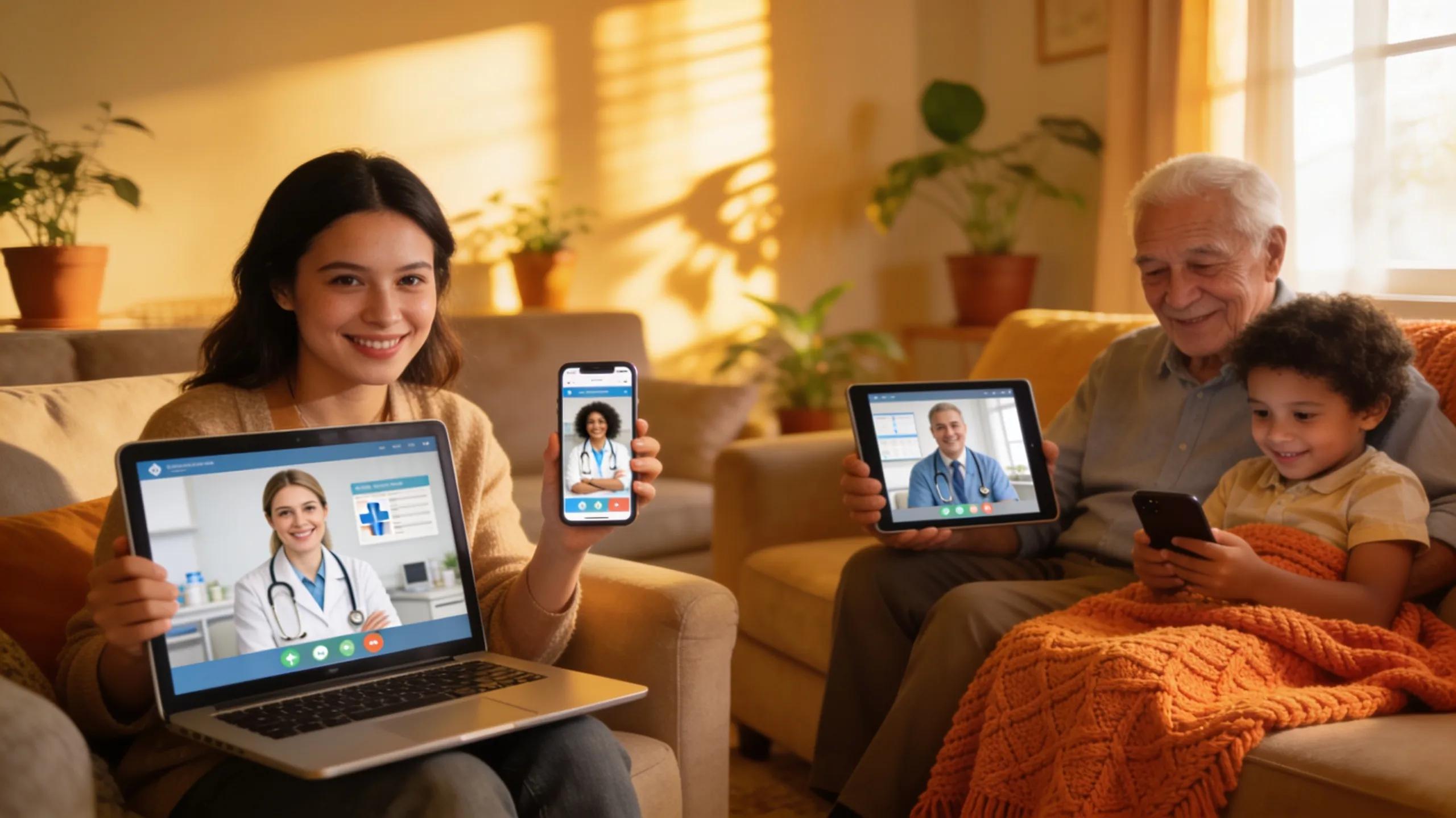 Telehealth consultation setup at home with diverse individuals using digital devices