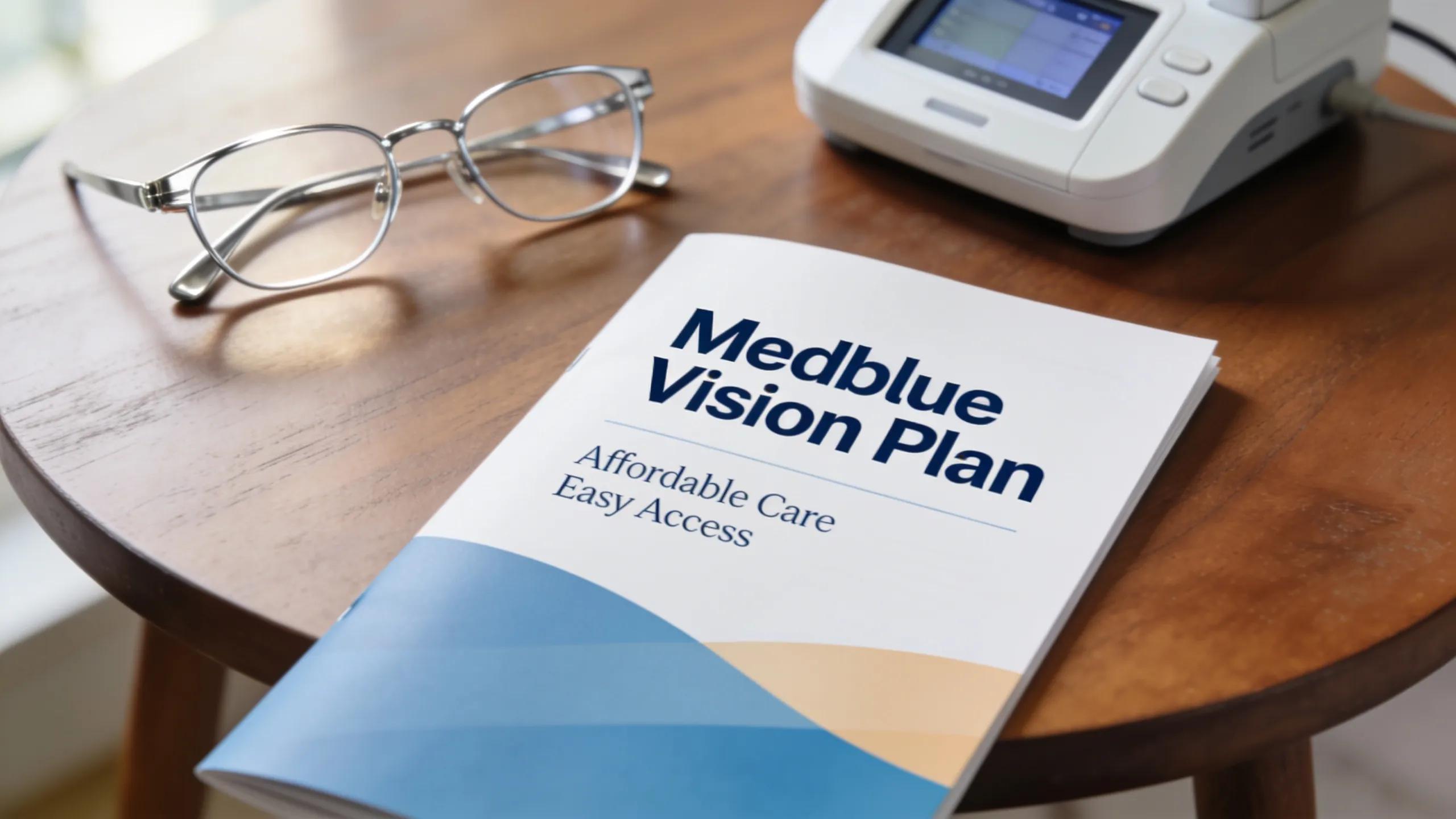 Medblue vision plan pamphlet highlighting affordable eye care options for uninsured patients