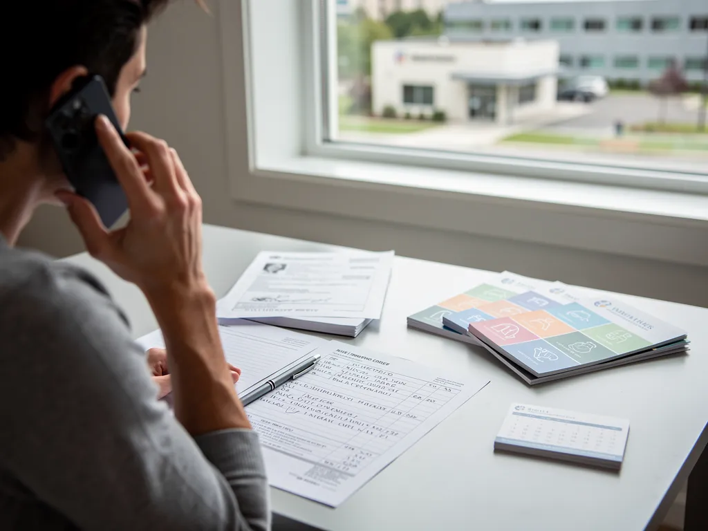 A man sits at a table holding a phone to his ear as he looks at documents about costs for diagnostics and imaging.
