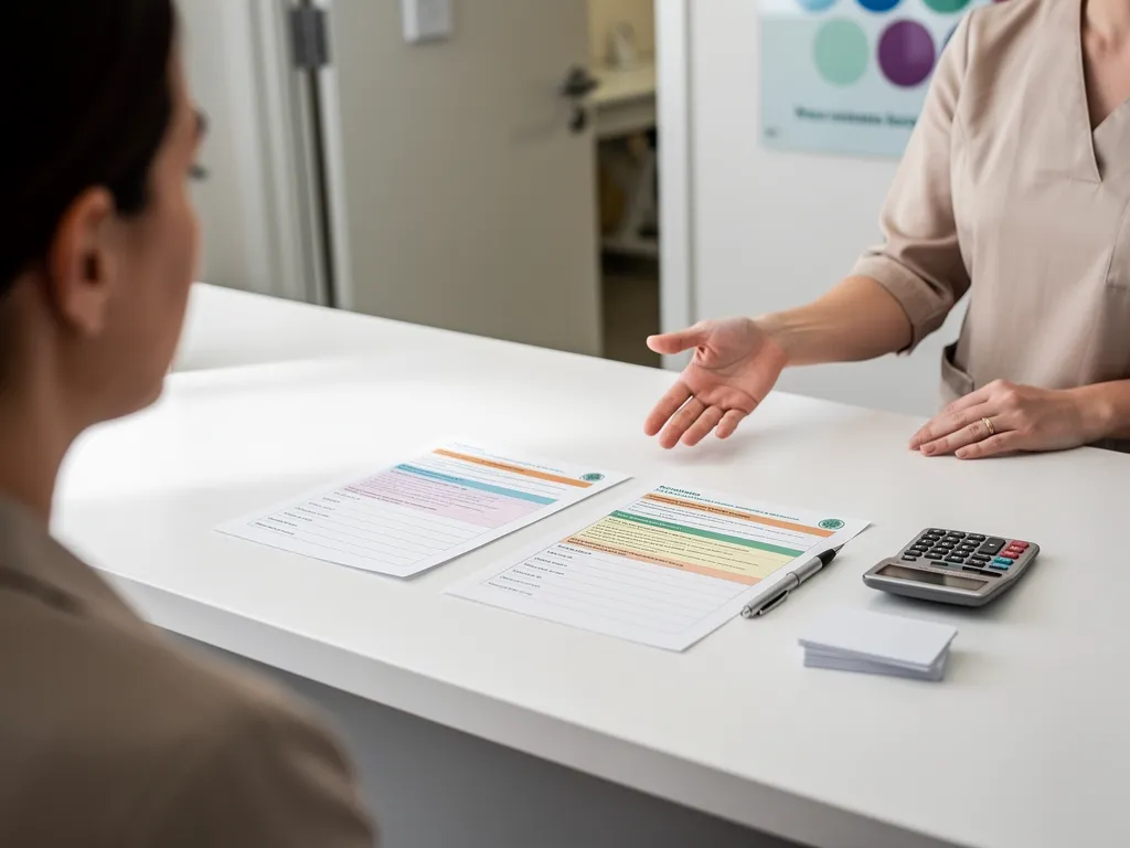 A patient sits at a healthcare clinic as a healthcare professional gestures towards papers.