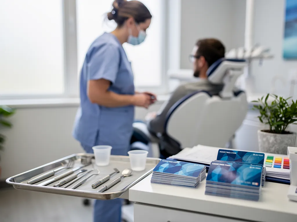 A patient and dental professional in dental office.