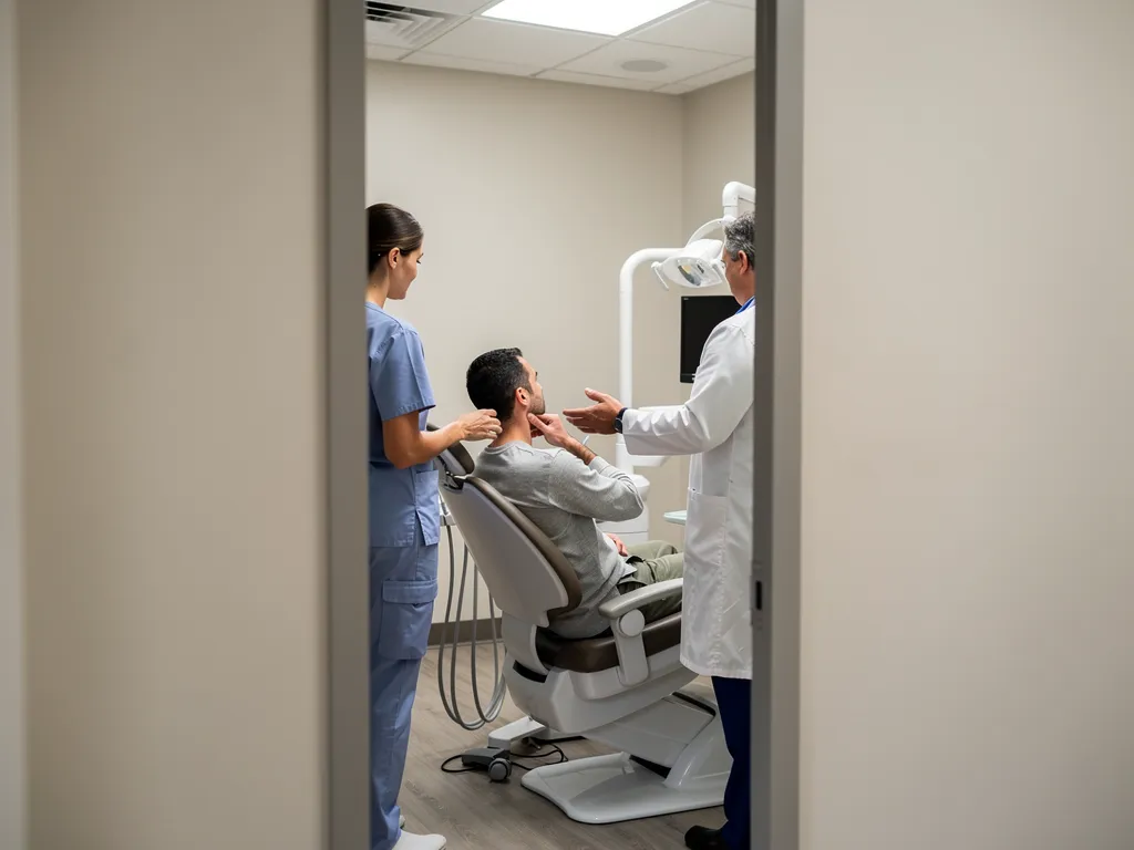 A dental office with a dentist patient, dentist, and assistant.