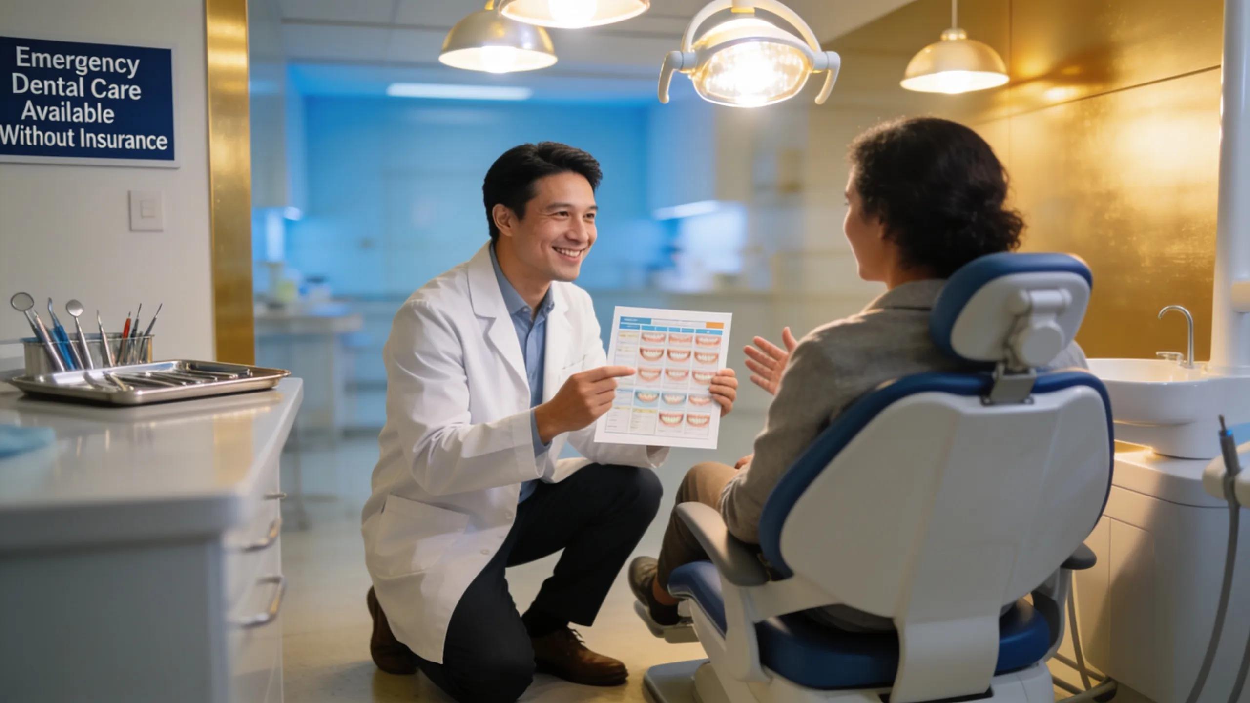 Dental professional providing care to a patient in need of emergency dental care without insurance