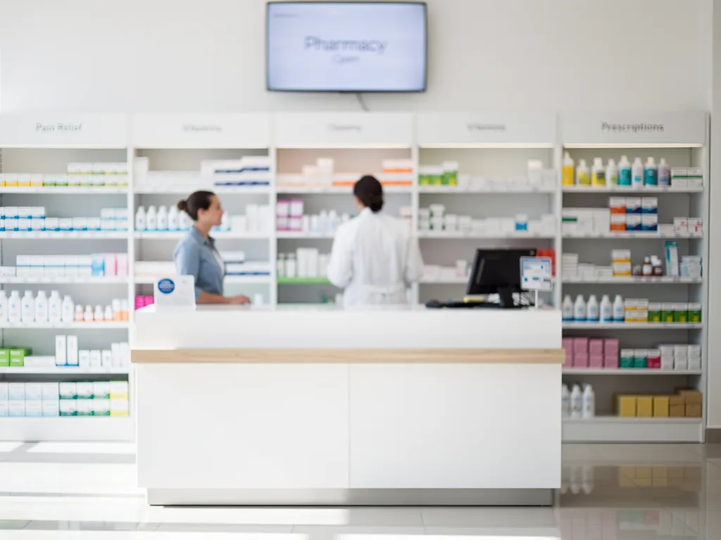 A pharmacy with two pharmacy workers.