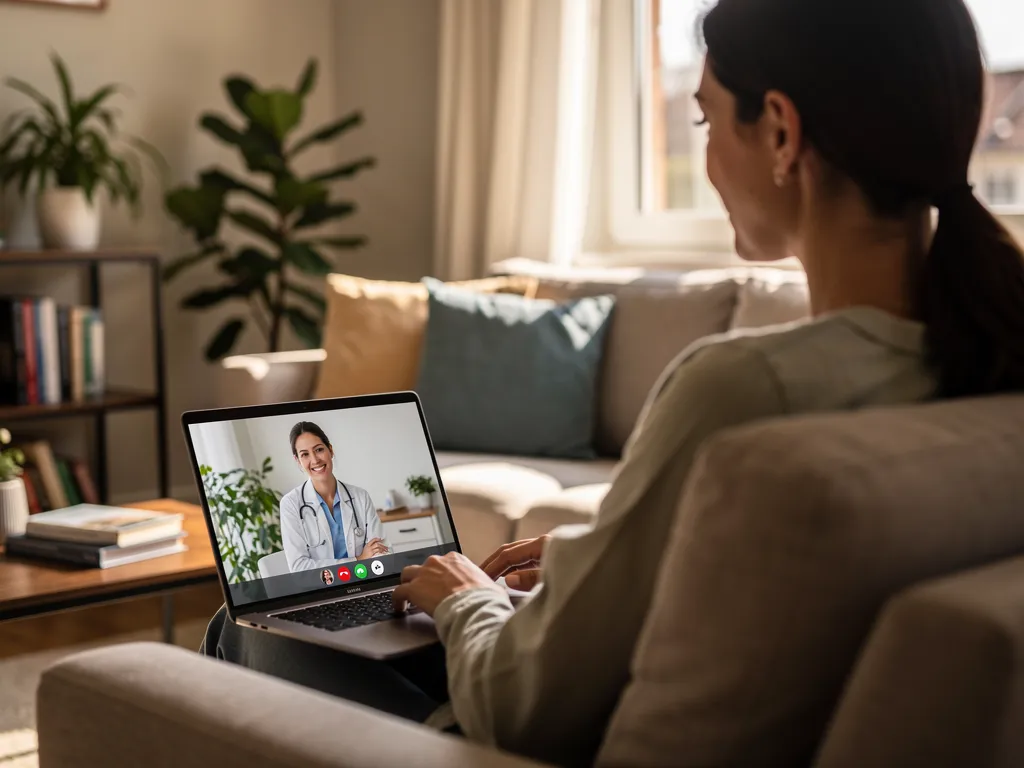 A woman speaking to a virtual doctor