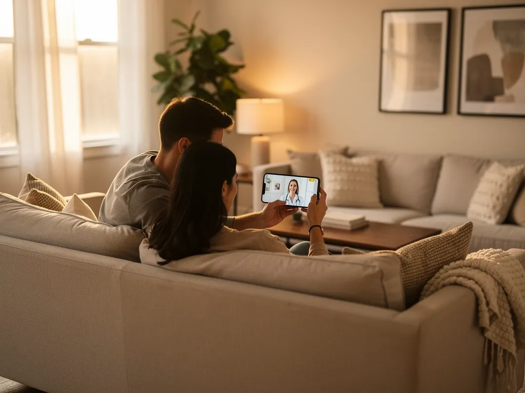 A couple speaking to a doctor online.