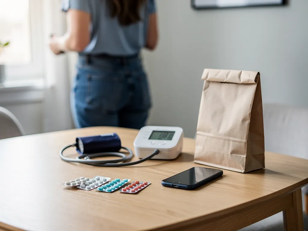 A blood pressure monitor and pills sit on a table.