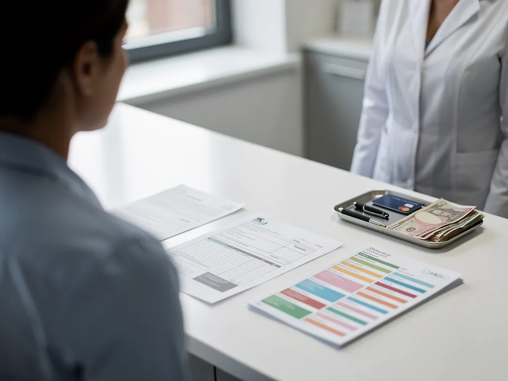 A patient stands across from a medical care professional at a medical provider counter.