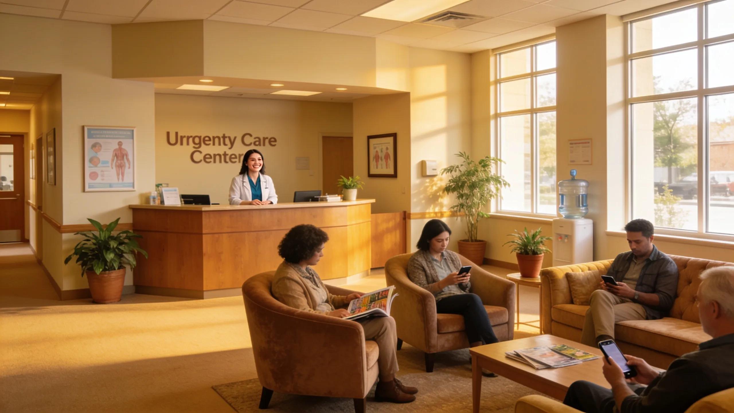 Urgent care center reception area welcoming patients without insurance for medical care