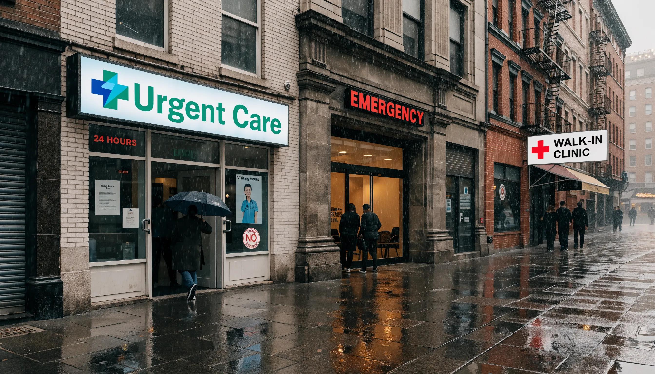 Comparison of urgent care, emergency room, and walk-in clinics highlighting different medical service options