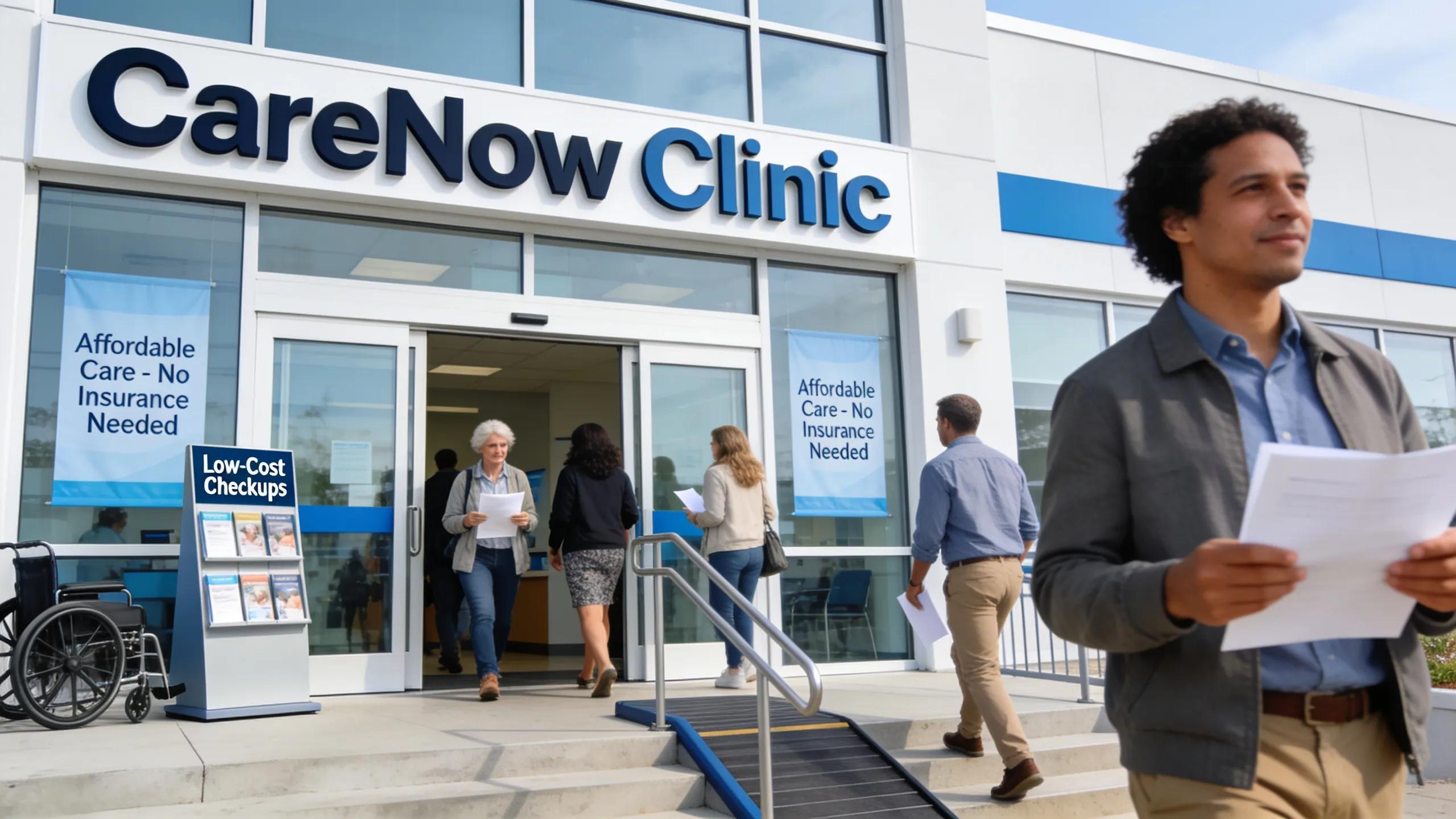 Exterior view of a walk-in clinic showcasing accessibility and affordability for uninsured patients