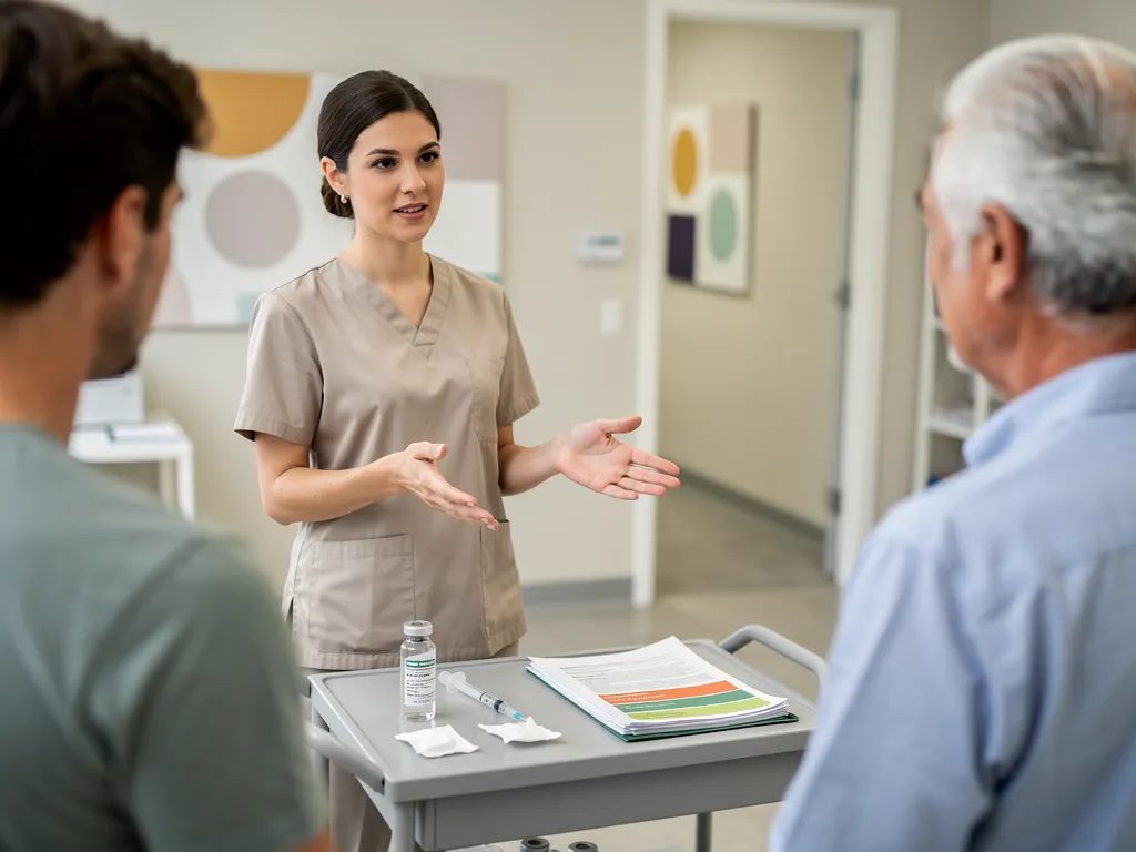 A healthcare professional speaks to patients in clinic.