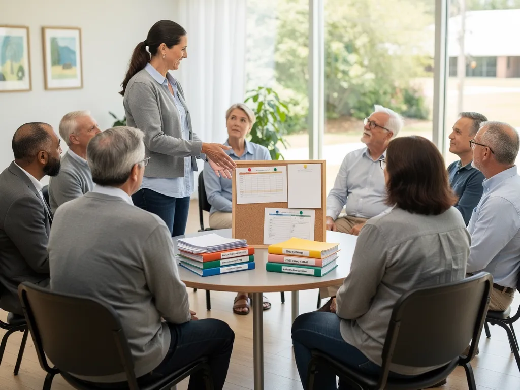 A group of people sit in a room learning about health share.