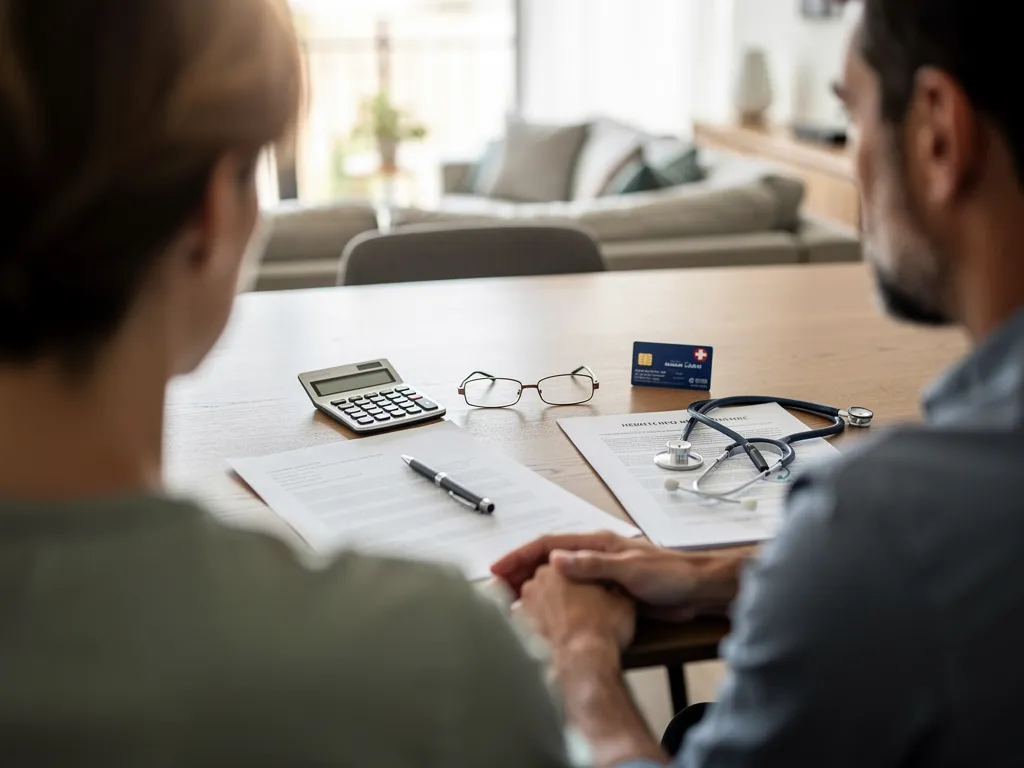 A couple sits at a table with a calculator.