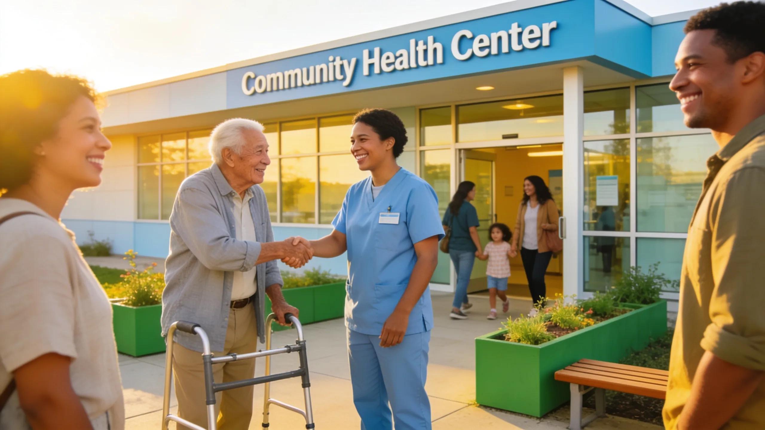 Exterior view of a community health center promoting affordable healthcare options and access for local residents
