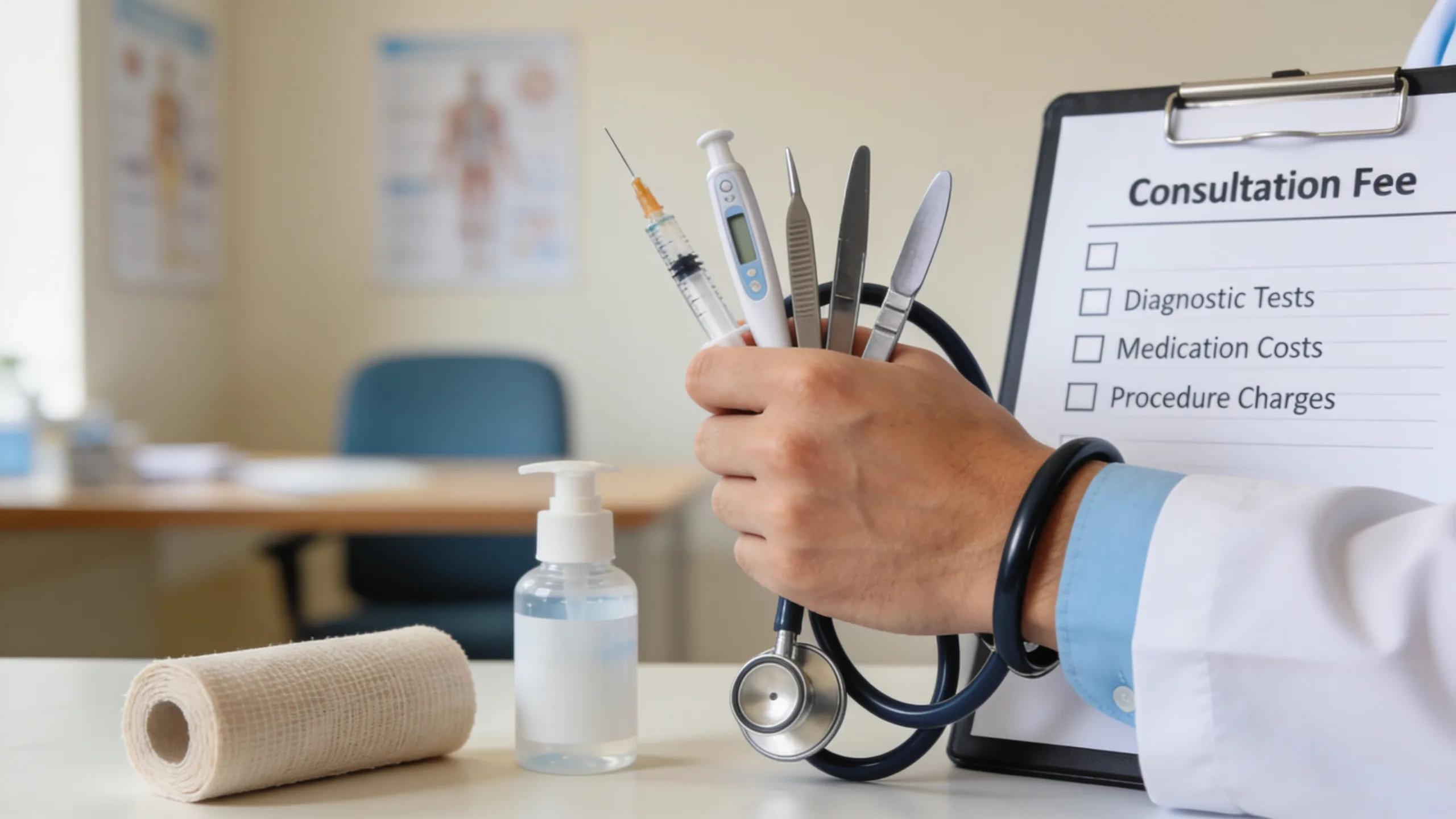 Medical tools and consultation checklist representing out-of-pocket costs for uninsured patients visiting a clinic