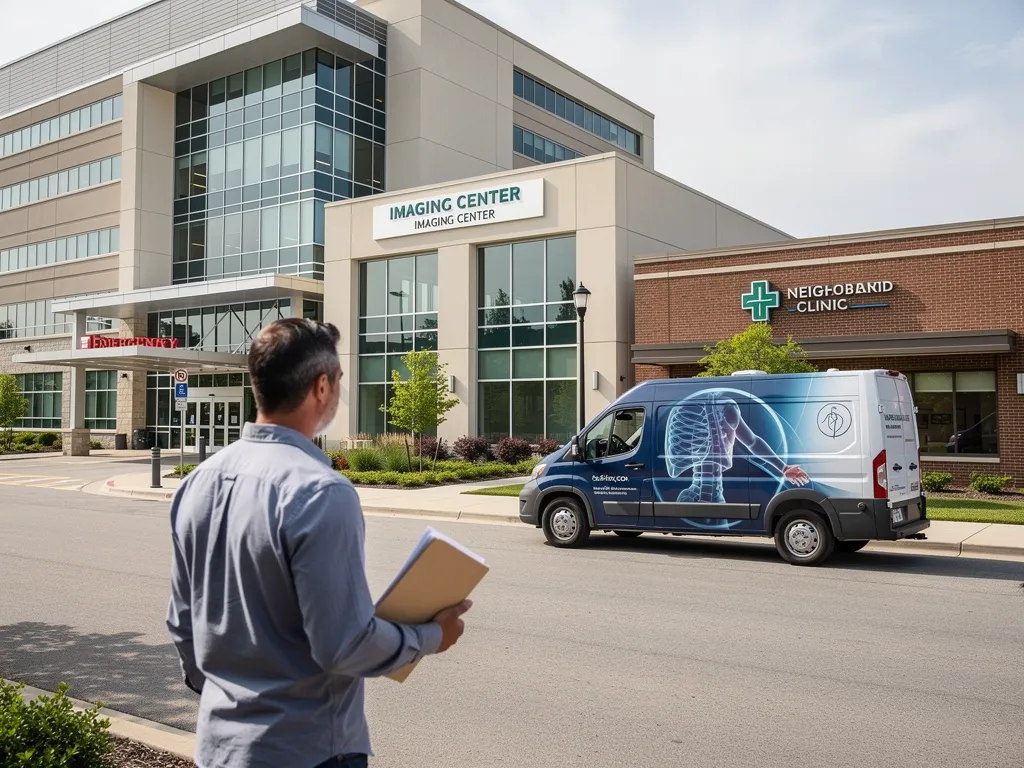 A man looks at different medical center storefronts.