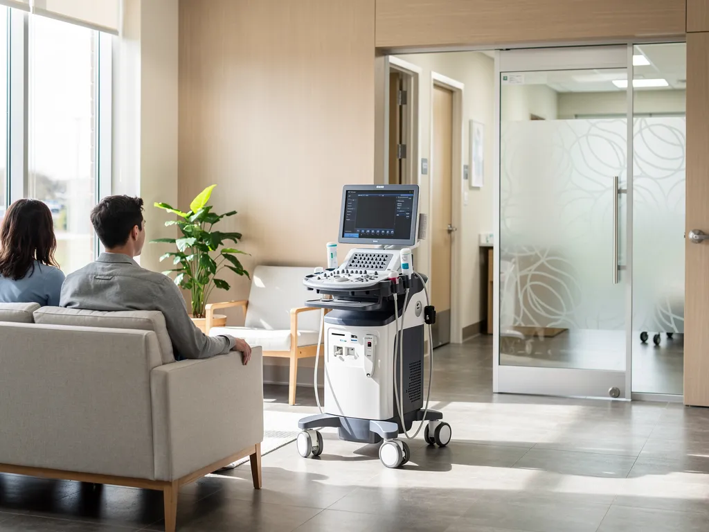 A couple sits in a healthcare waiting room with a diagnostics imaging machine sitting near.