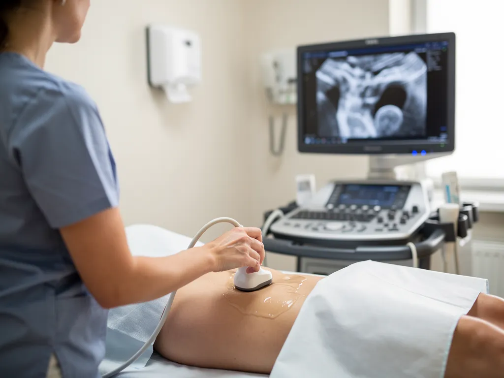 A doctor is conducting an ultrasound on a woman's belly.