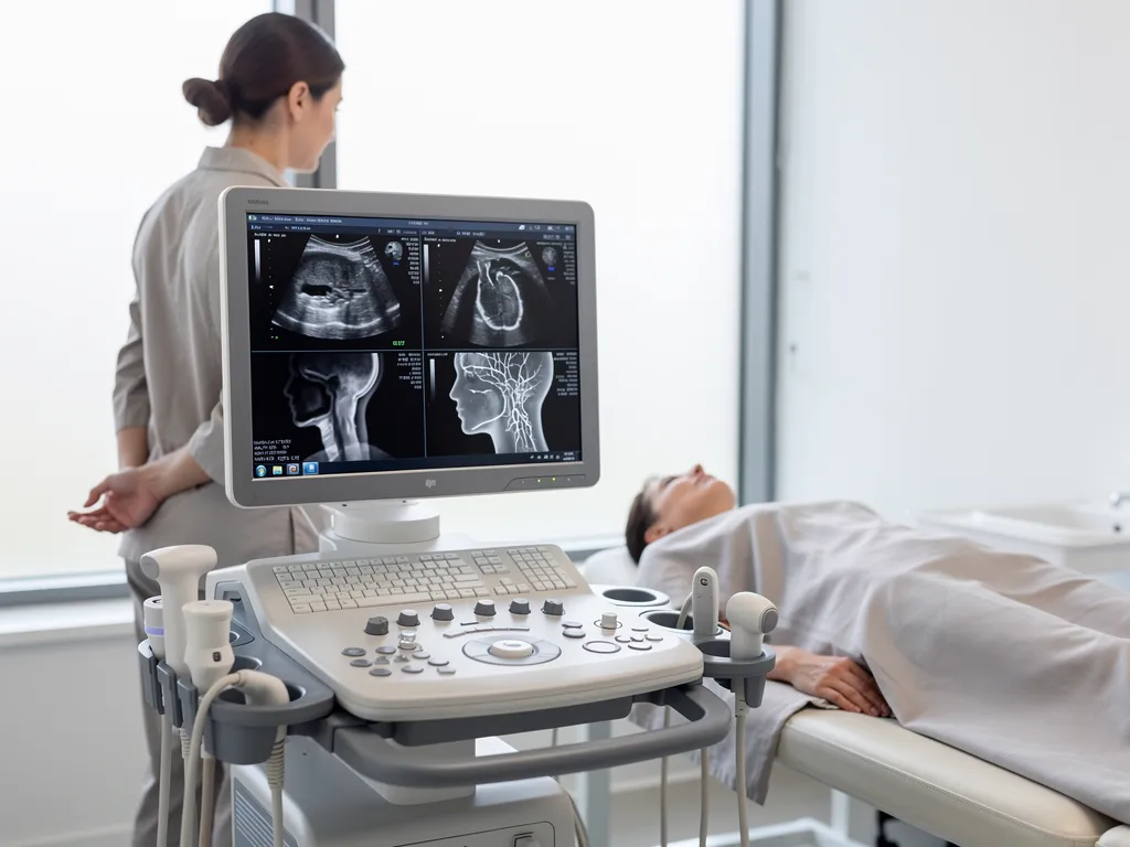 An imaging machine shows a head while in the background a patient lays on a medical bed and a health professional looks over.