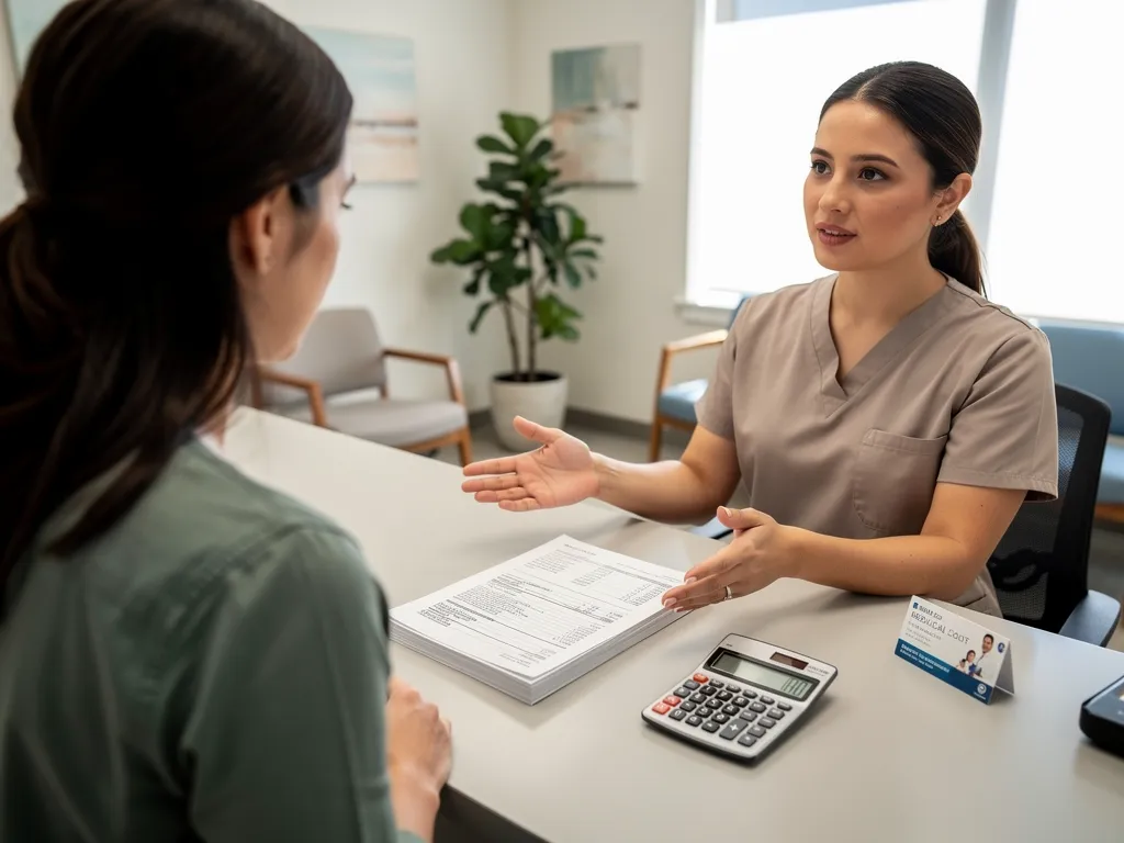 Patient asking a clinic receptionist about cash-pay discount pricing