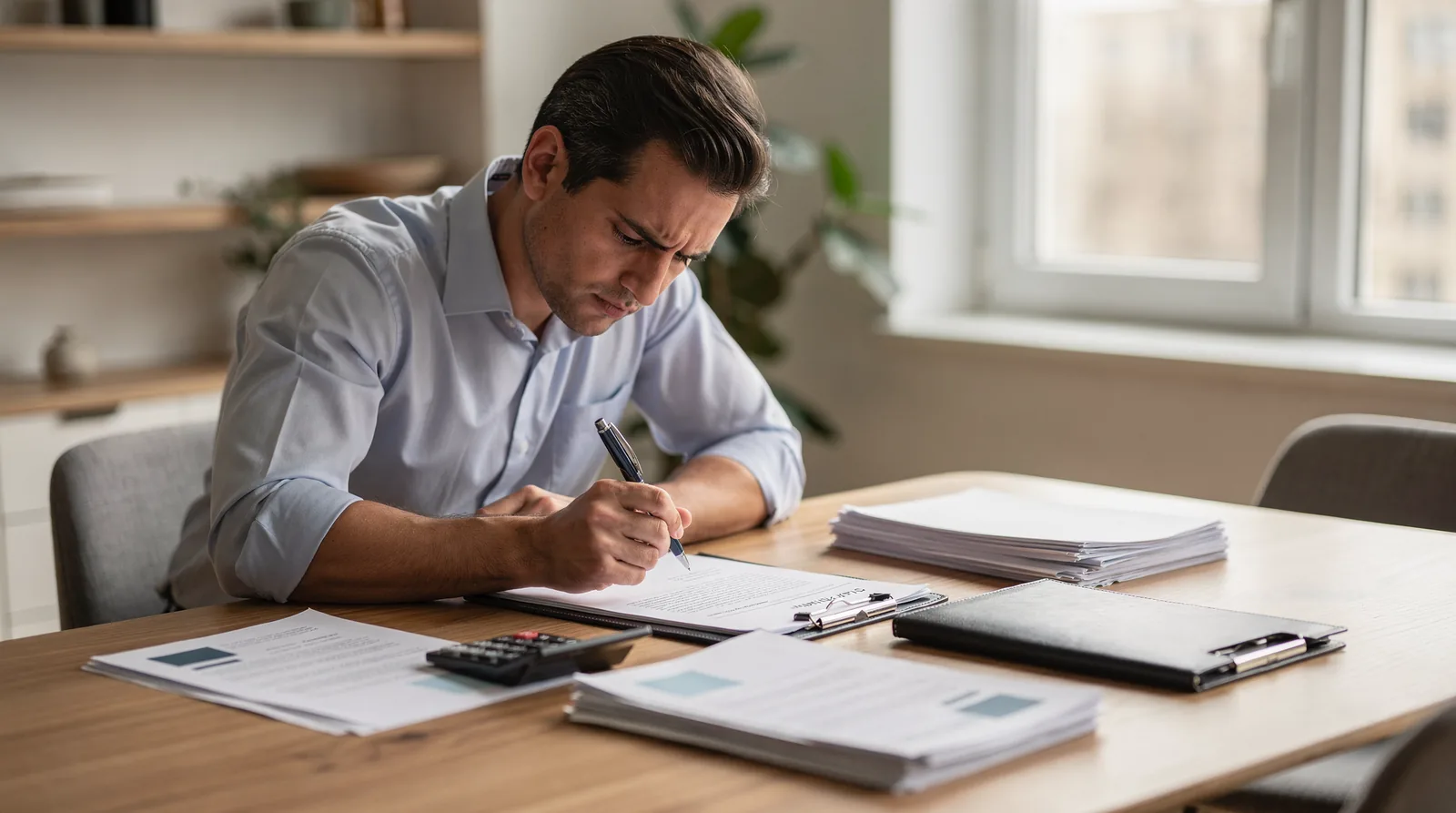 A man sits at a desk looking at his healthcare costs.