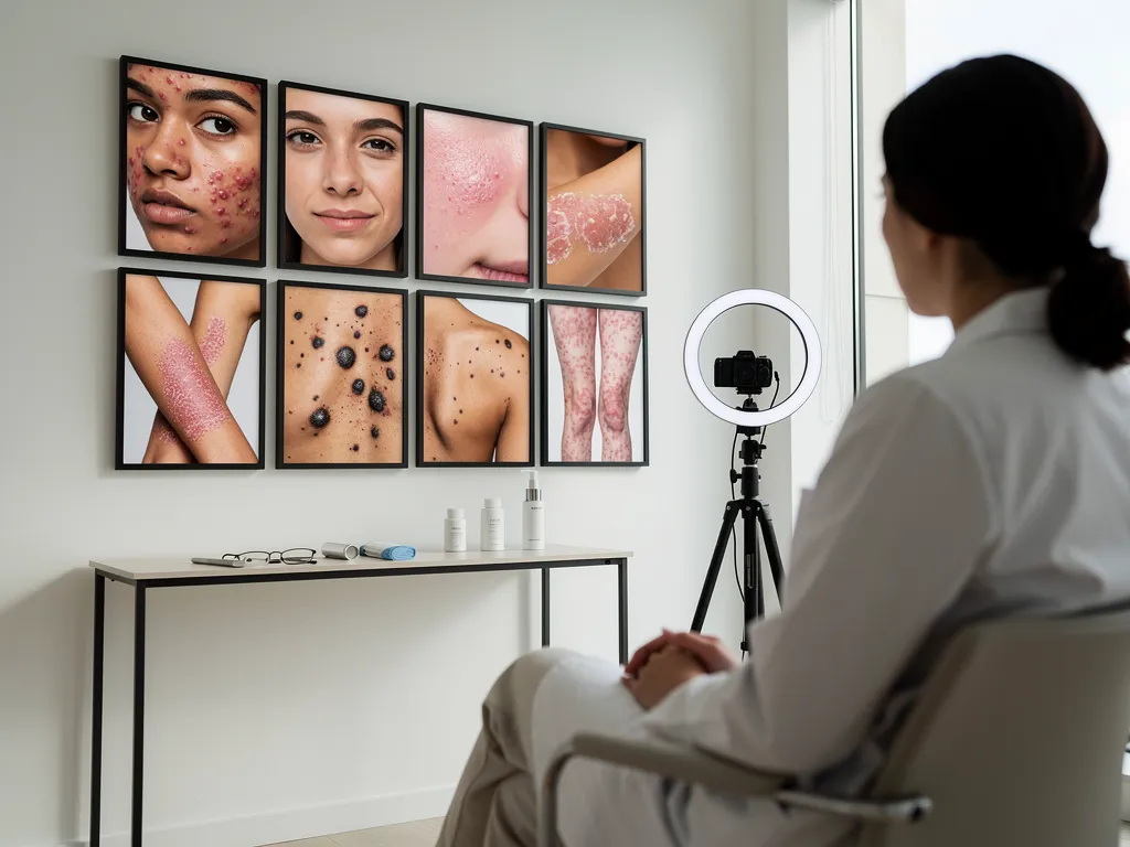 a doctor looks at pictures of patient skin conditions