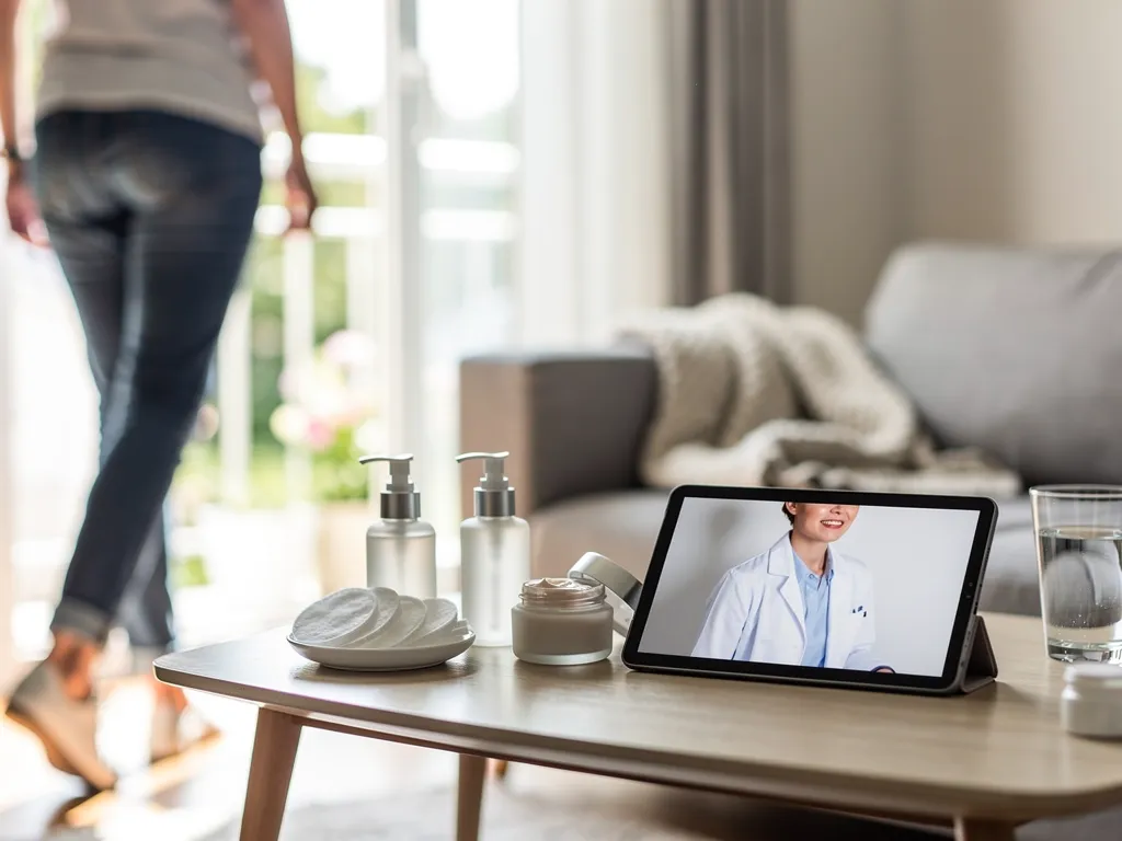 A doctor on a tablet and skin creams