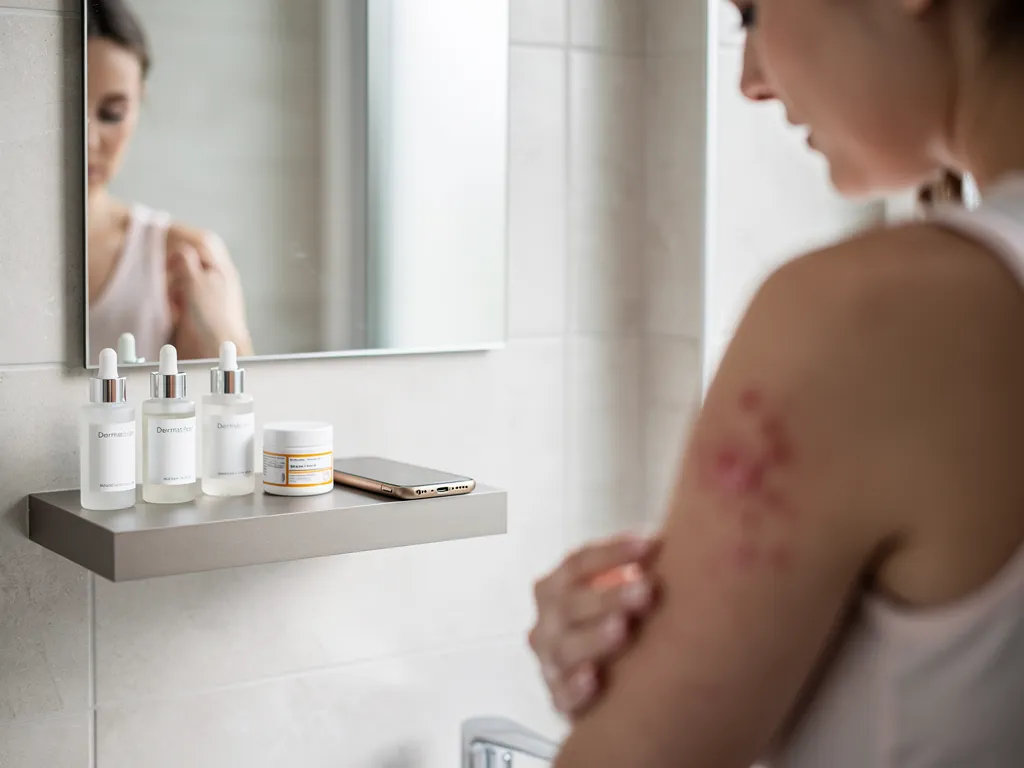 A woman with a skin condition in front of mirror.