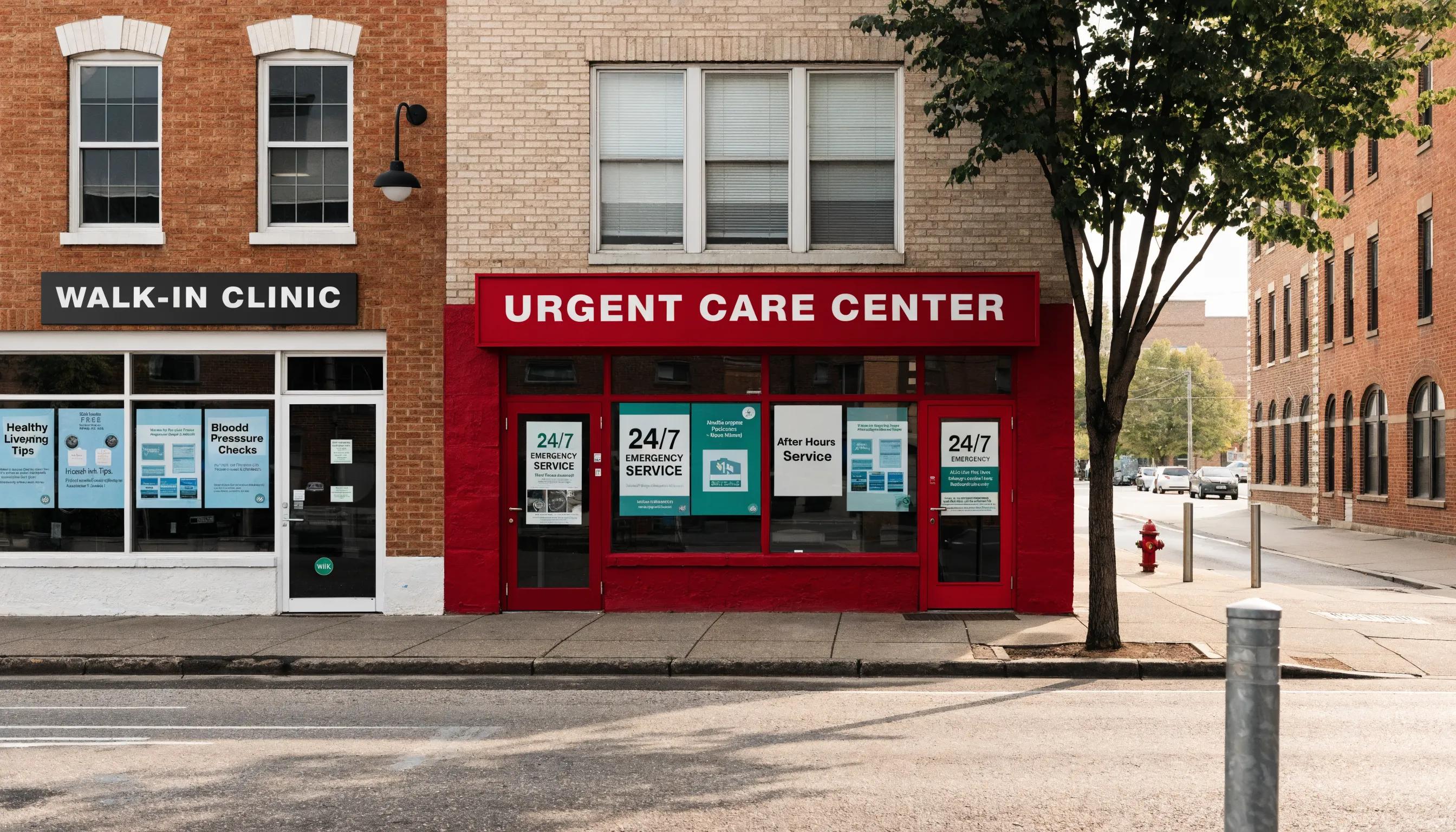 Visual comparison between walk-in clinic and urgent care center in urban setting