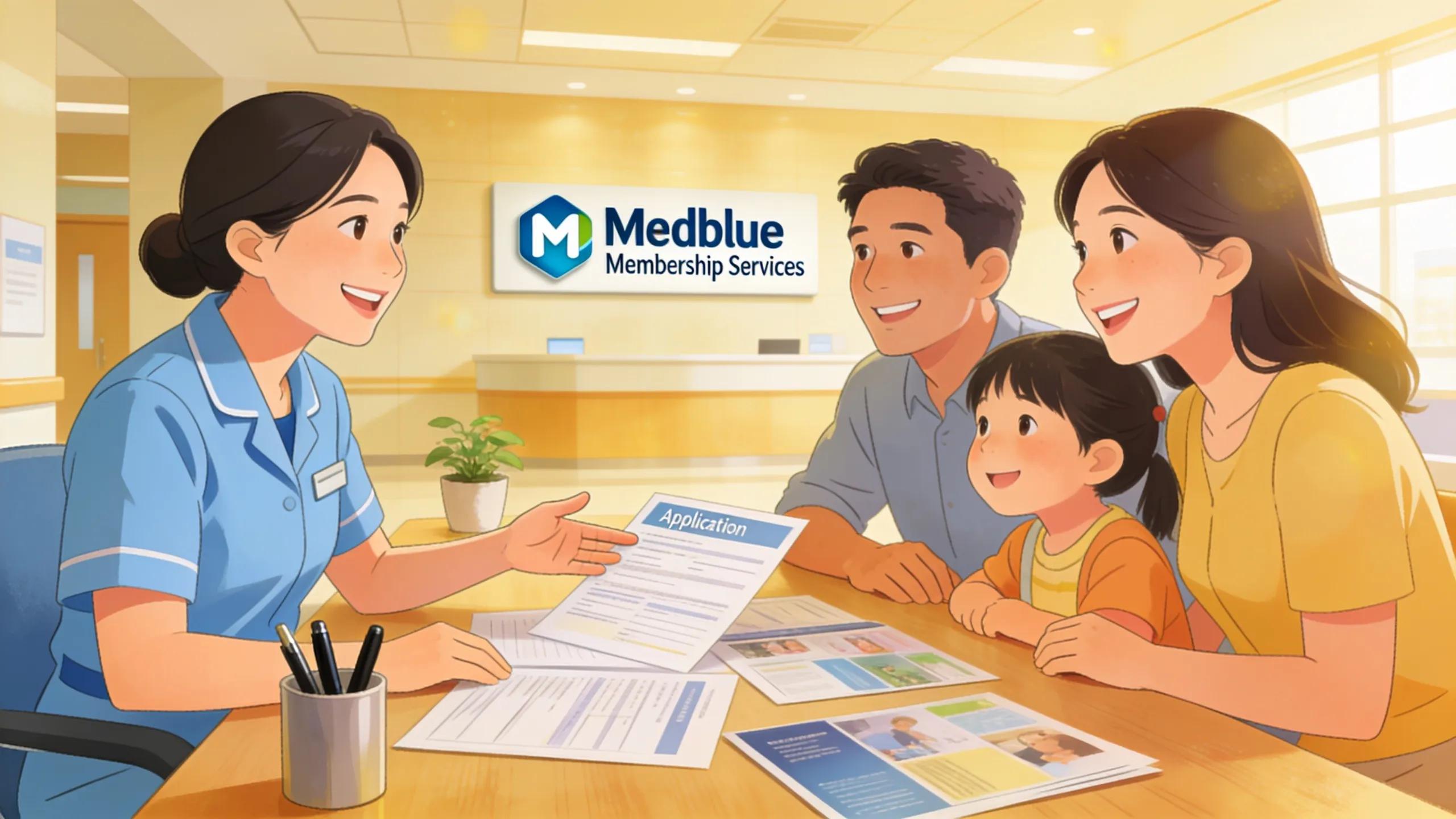 Family discussing Medblue membership benefits with a representative in healthcare setting