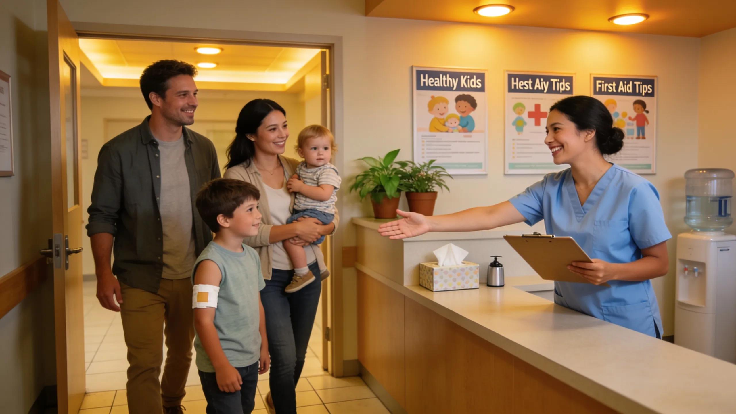 Family entering urgent care facility with welcoming staff and friendly atmosphere