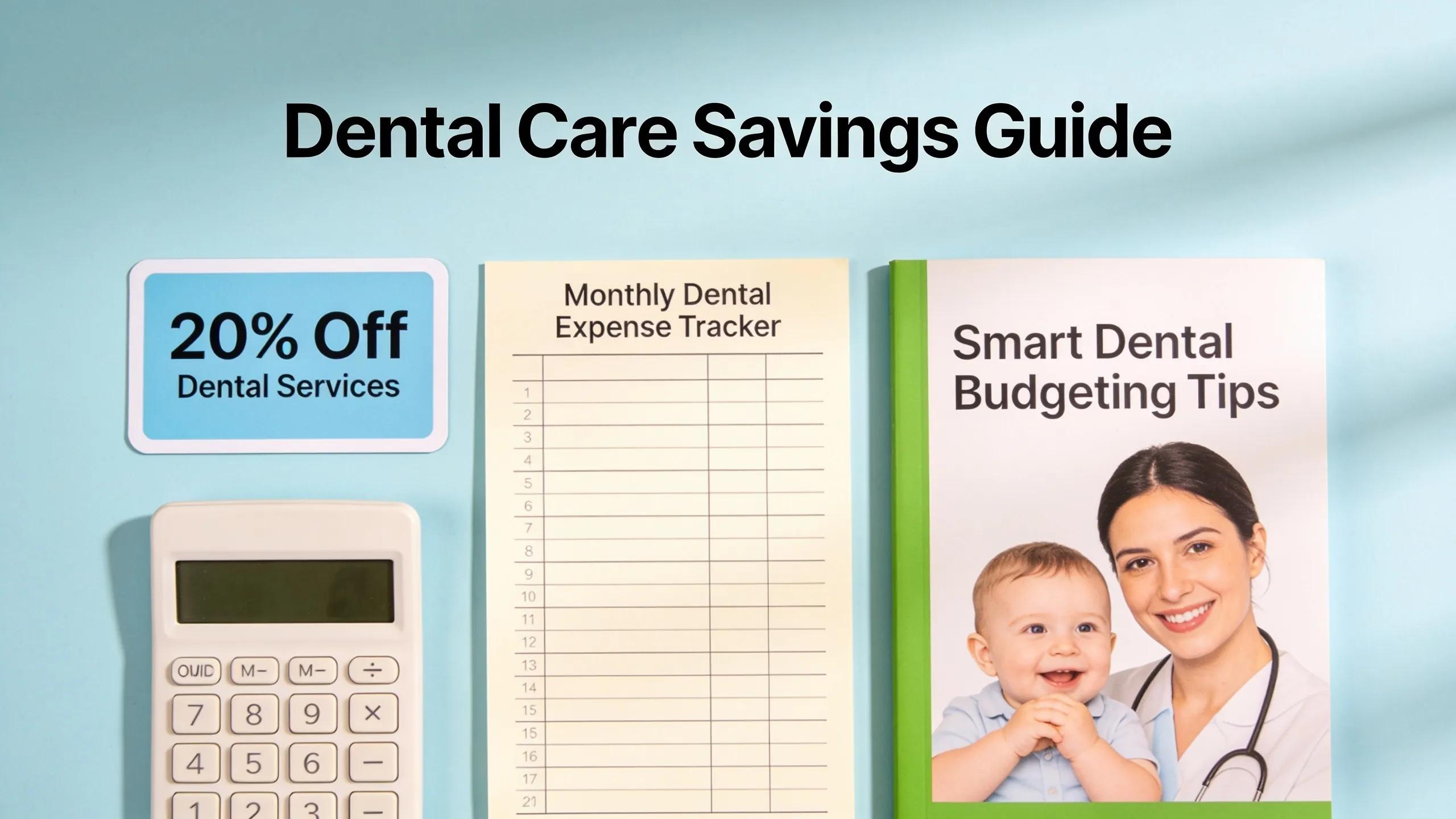 Flat lay of dental care savings resources including discount cards and budgeting tools, emphasizing practical financial guidance