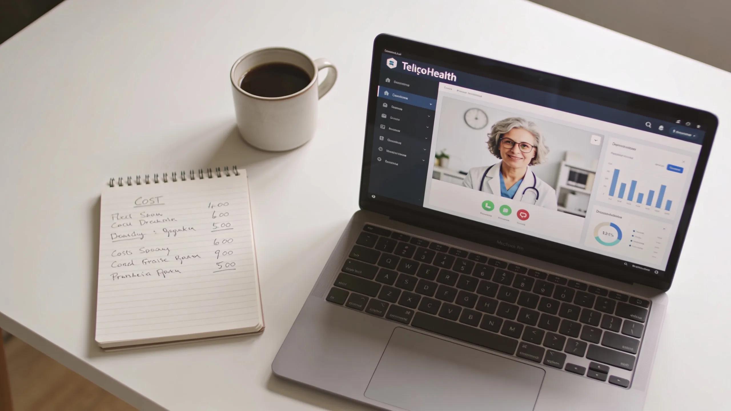 Workspace with laptop and notepad illustrating telehealth consultation cost breakdown