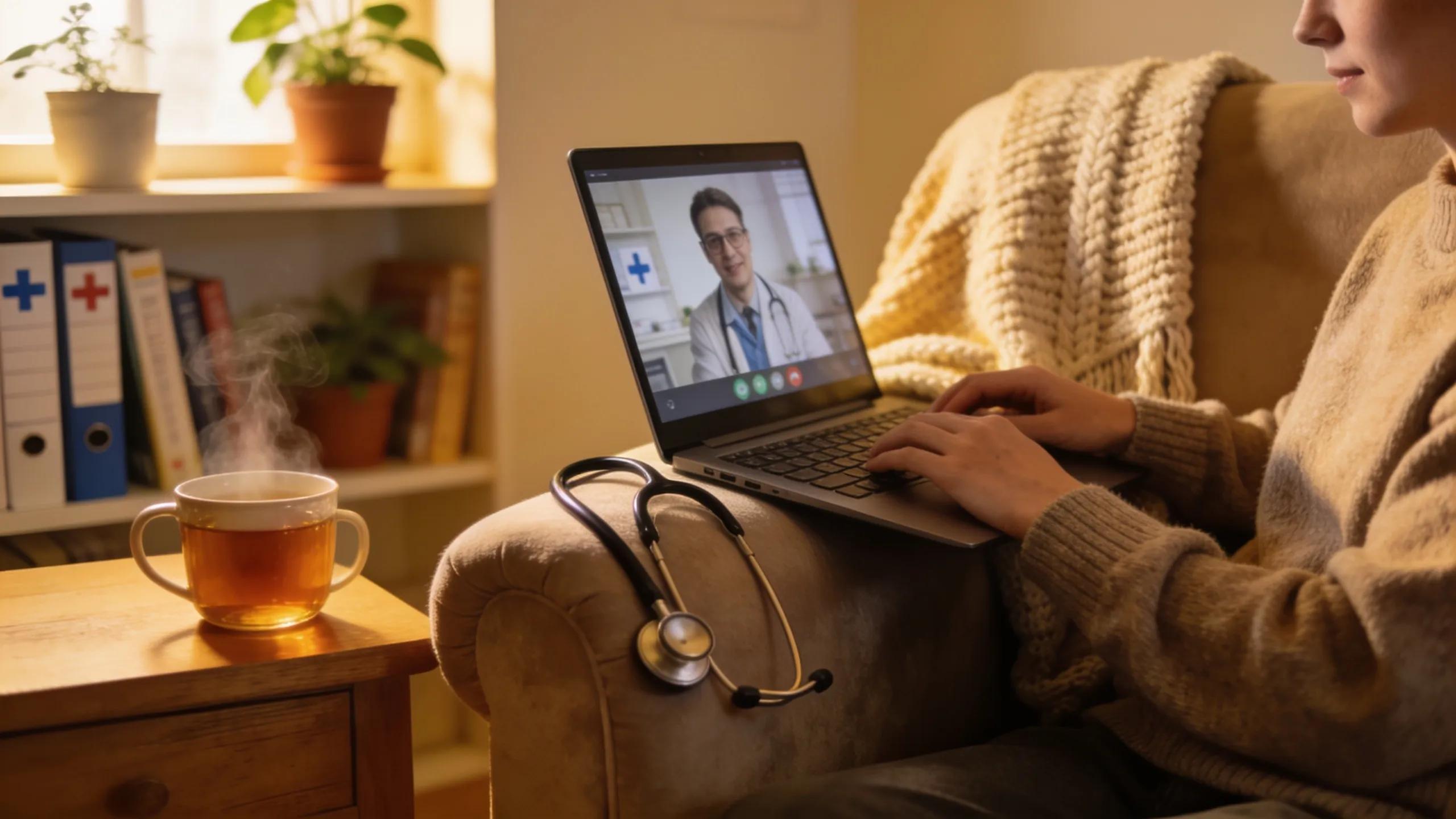 Person participating in a telehealth consultation in a cozy home setting