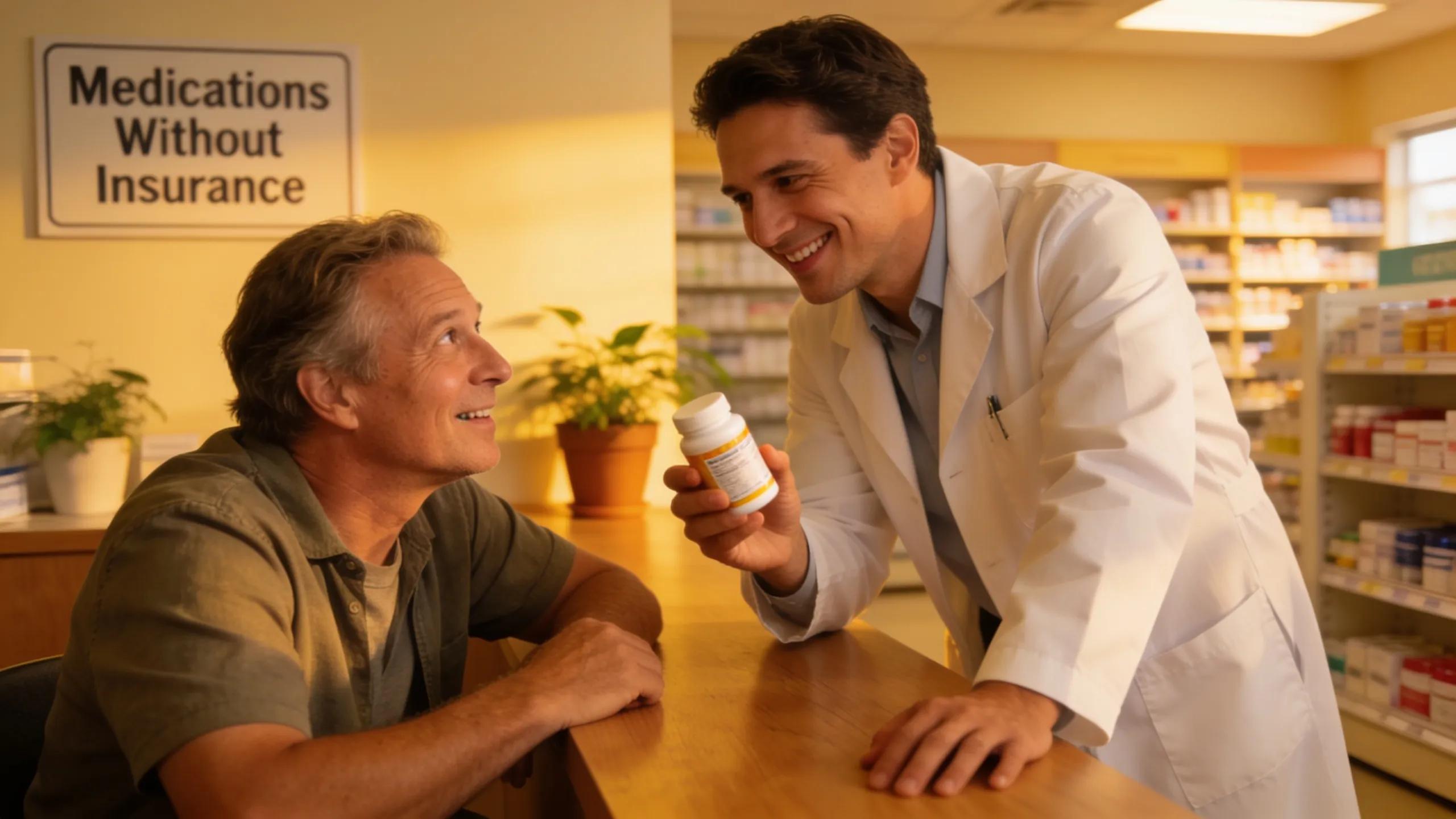 Pharmacist discussing affordable medication options with a patient in a welcoming pharmacy setting