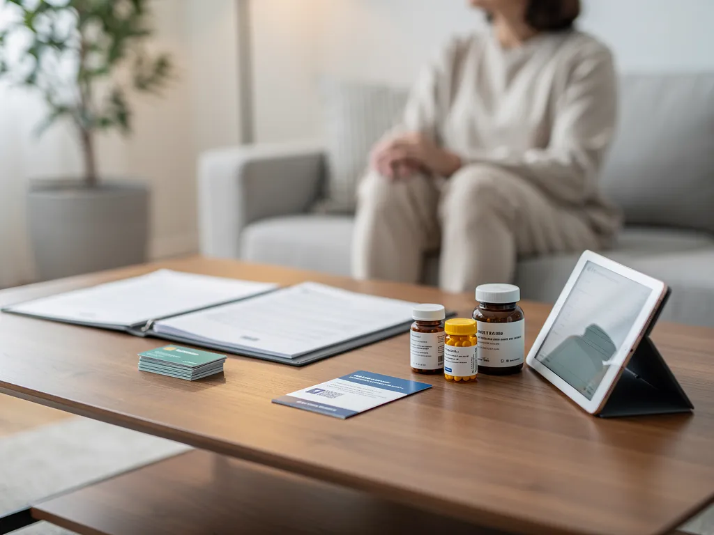 A woman sits on a sofa, in front of her papers pertaining to healthcare costs as well as prescriptions, and a tablet.