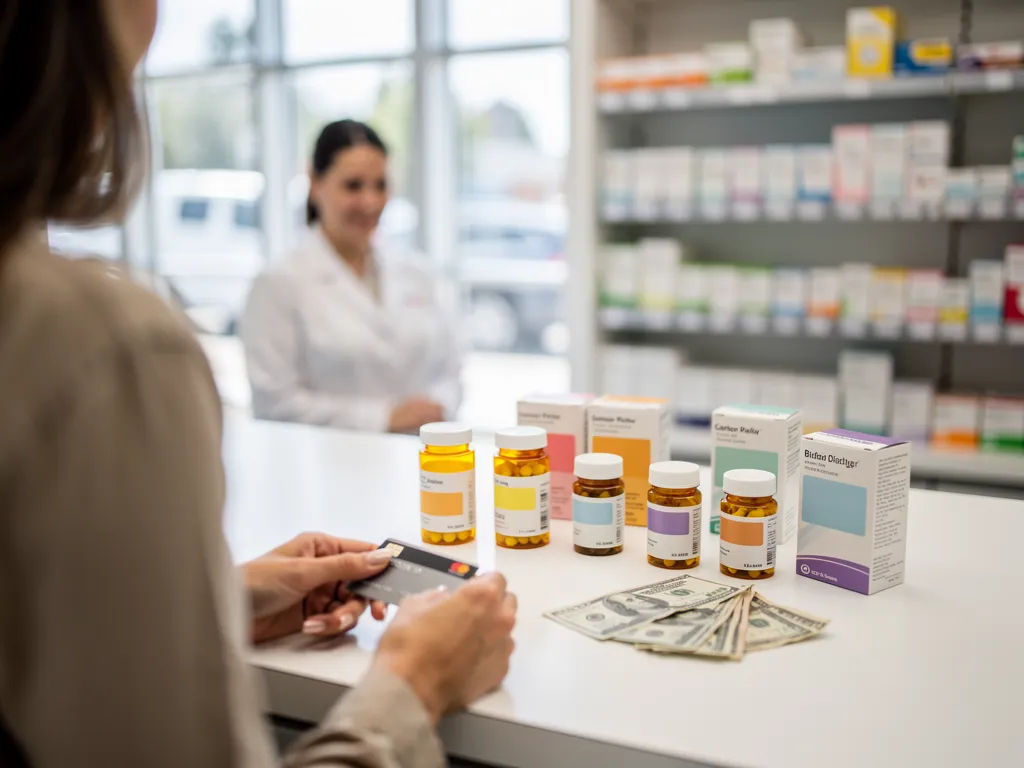 A pharmacist walks over to a customer in a pharmacy.
