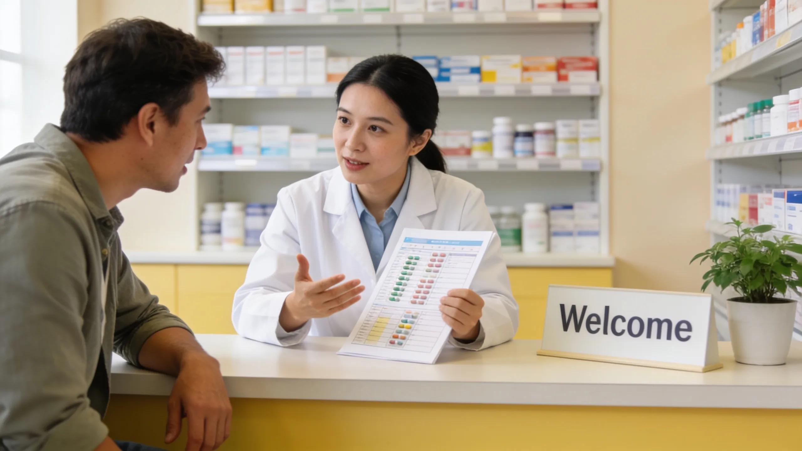Pharmacist discussing affordable medication options with a patient in a welcoming pharmacy setting