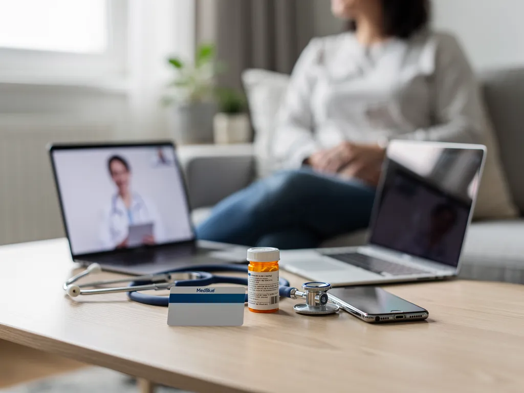 A woman sits on a sofa and on the table near her is an ipad with a virtual doctor on the display.