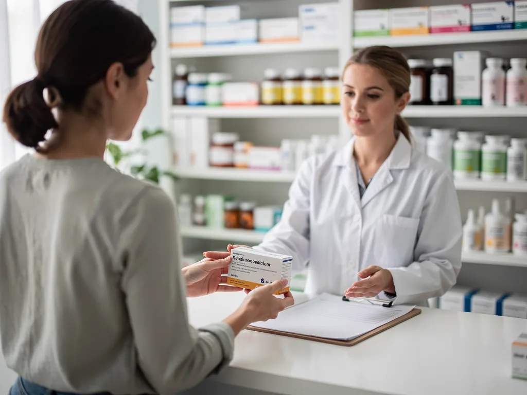 A pharmacist hands a box of medicine to her customer in a pharmacy.