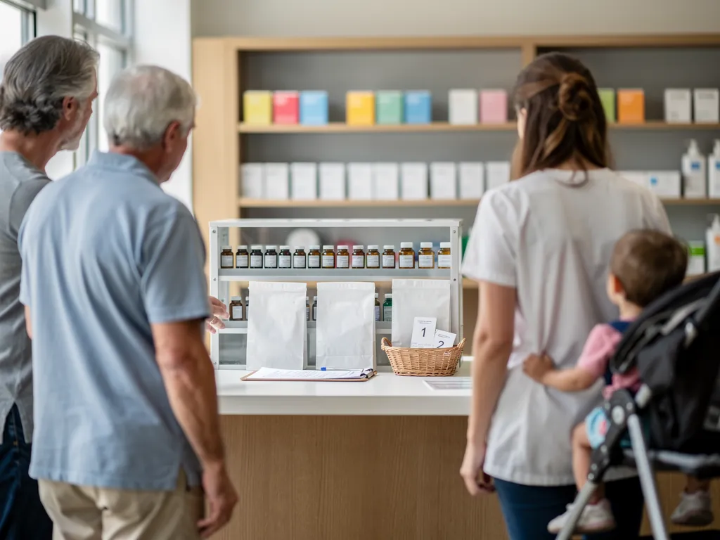 A woman with a child and two men stand in a pharmacy.