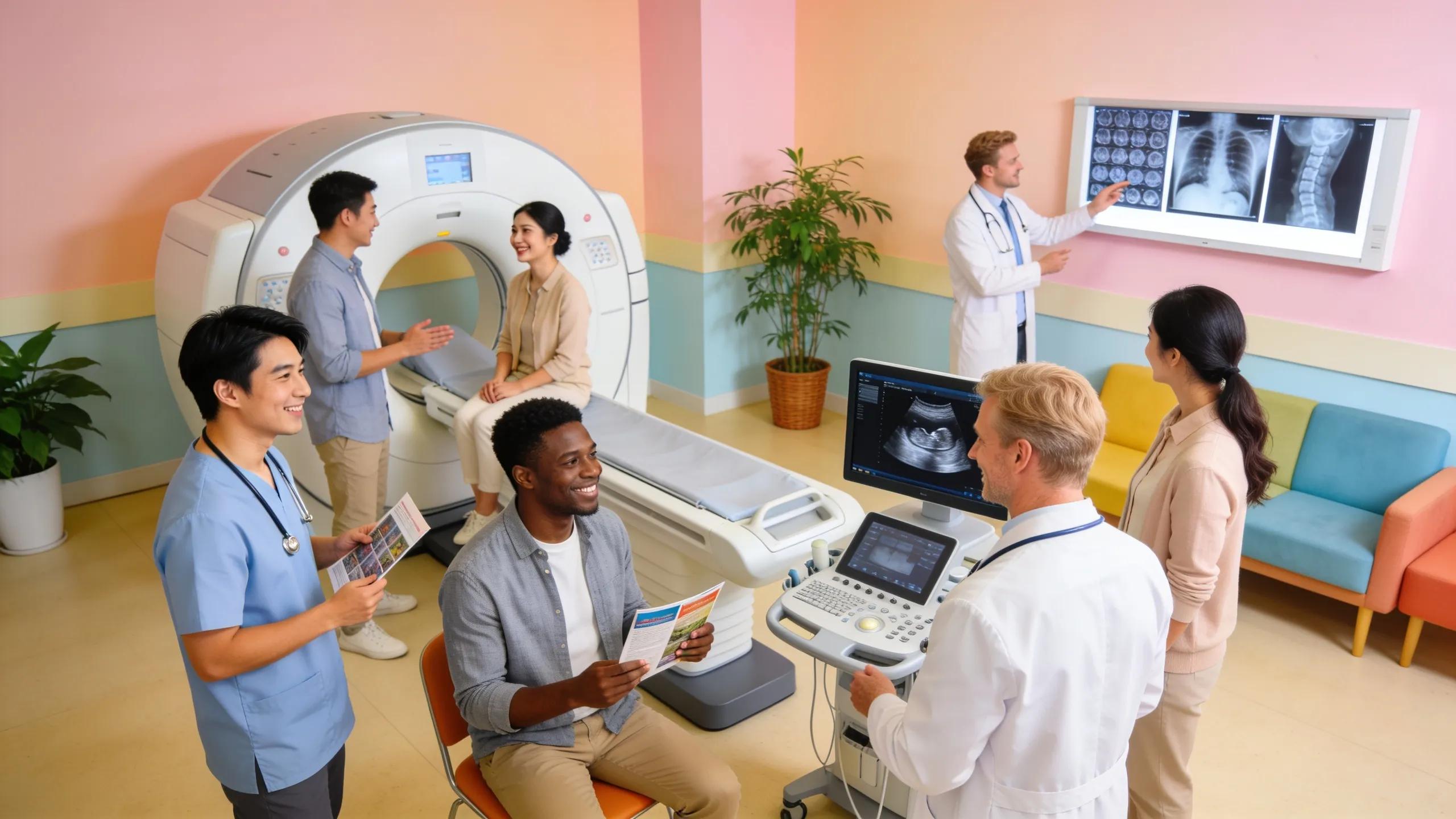 Diverse individuals exploring medical imaging services in a welcoming clinic