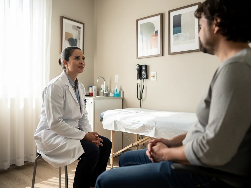 A doctor speaks with a patient in her office.