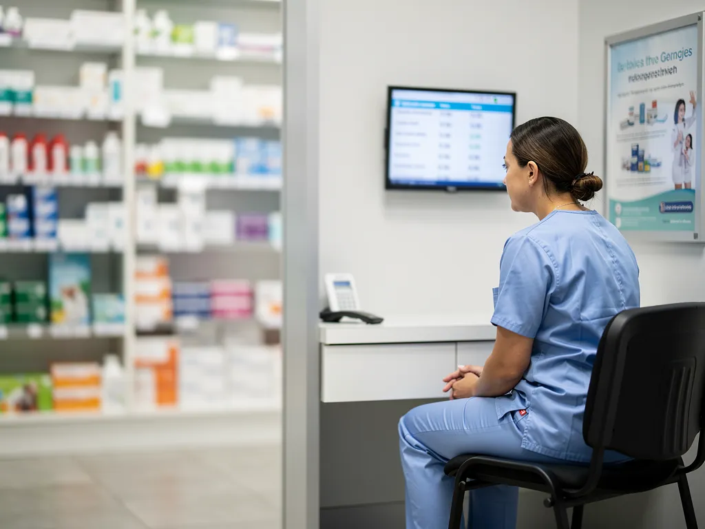 A pharmacist sits in a pharmacy.