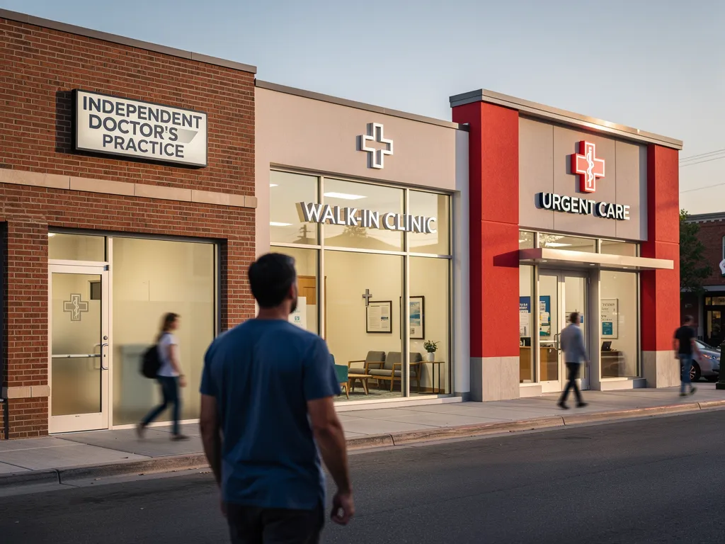 A doctor's office sits next to a walk-in clinic and an urgent care clinic.