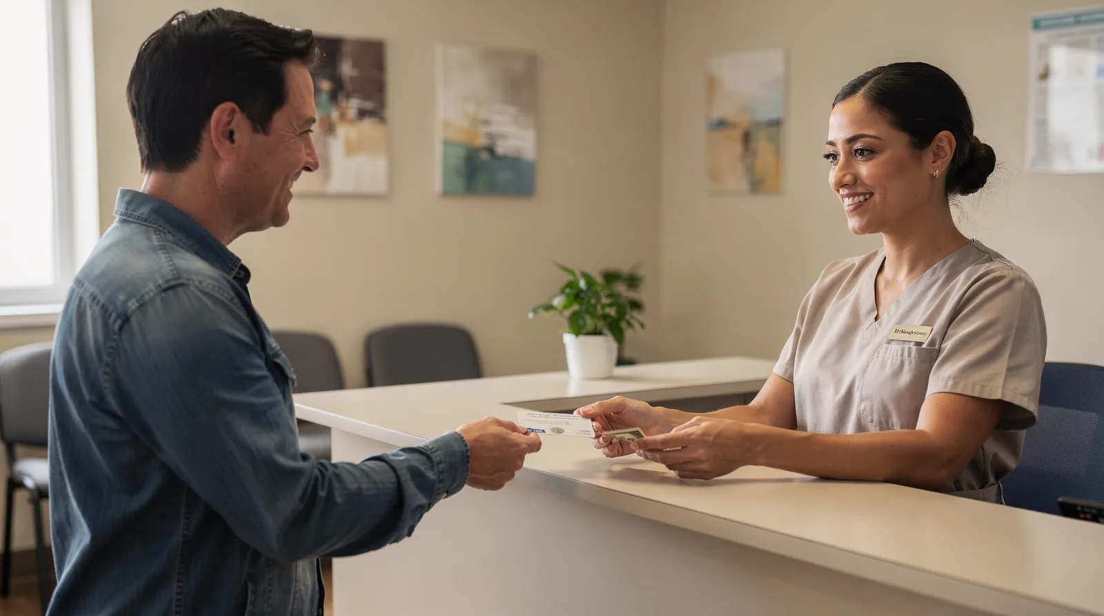 A receptionist takes a card  from a patient in a healthcare office.