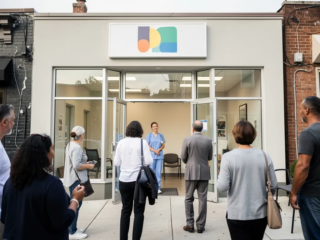 Patients walking toward a healthcare clinic.