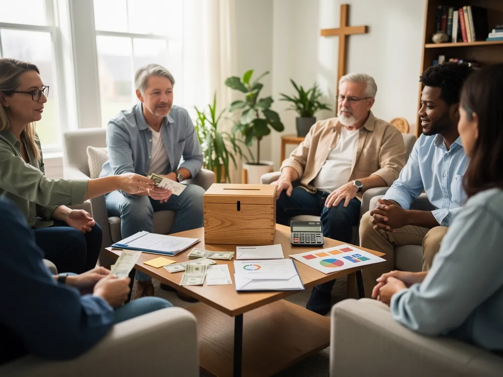 A group of people sit around a table. A cross hangs in the background.